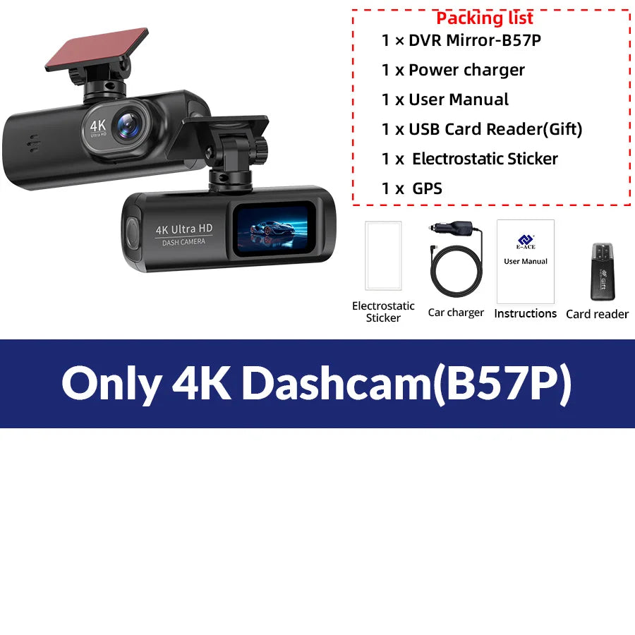 E-ACE UHD 4K Dashcam With GPS WiFi Night Vision 24h Parking Loop Dual Channel Recording 4K Front and 1080P Rear Dual Lens