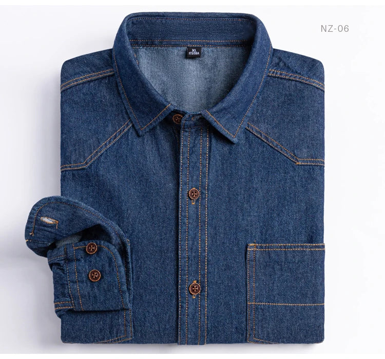 Men's Denim Casual Long Sleeve Pocket Shirt. Regular-Fit Comfortable Soft. 100% Cotton Washed Durability