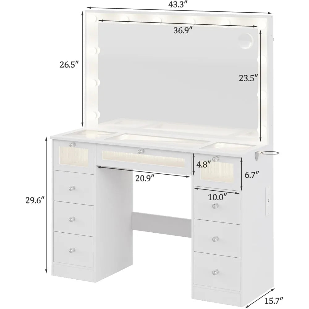 LED Makeup Vanity Desk - Large Mirror Drawers & Charging Station