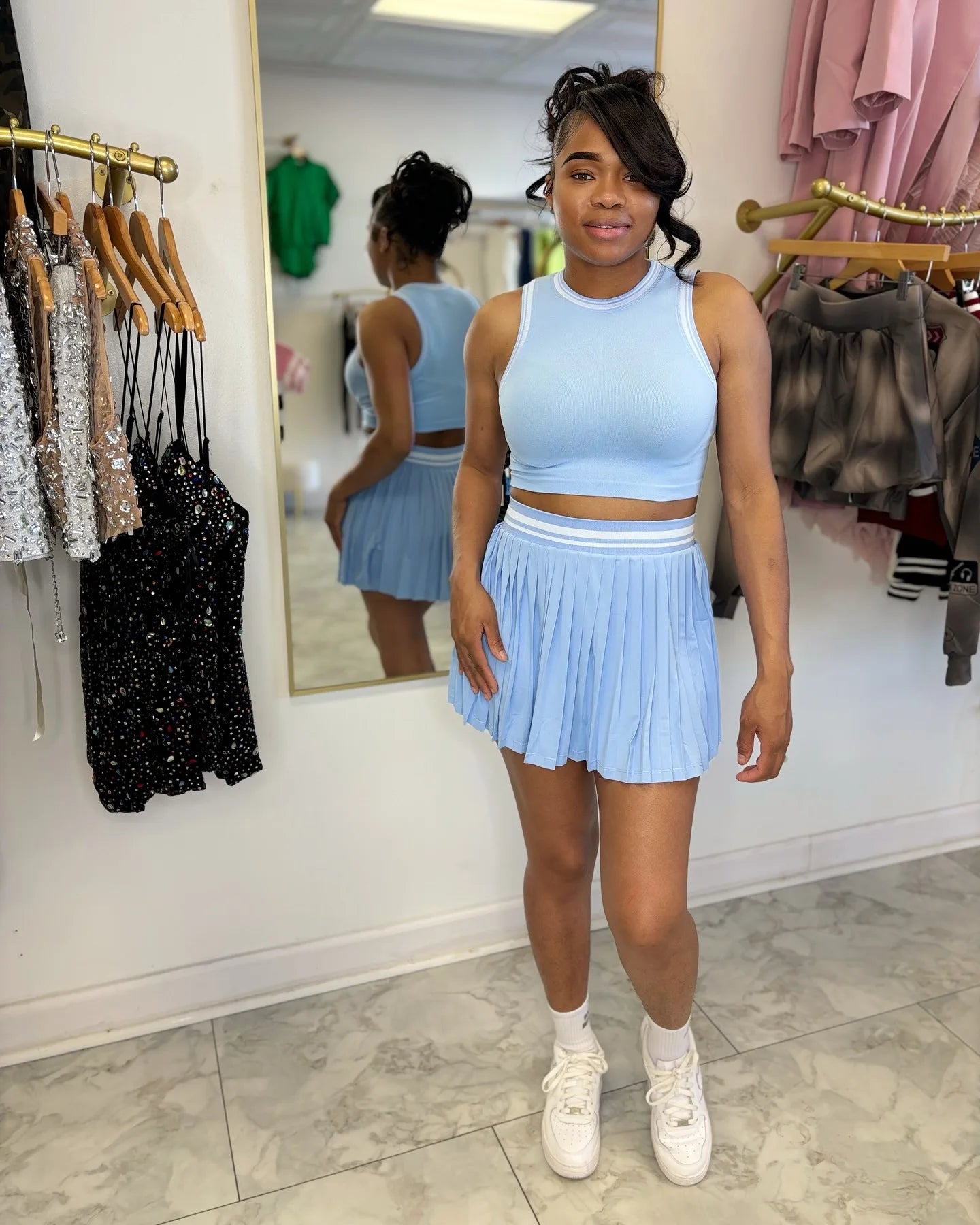 Women O-neck Mini Tank Top and Pleated Mini Skirt Suit. Fitness 2Piece Set Outfit.