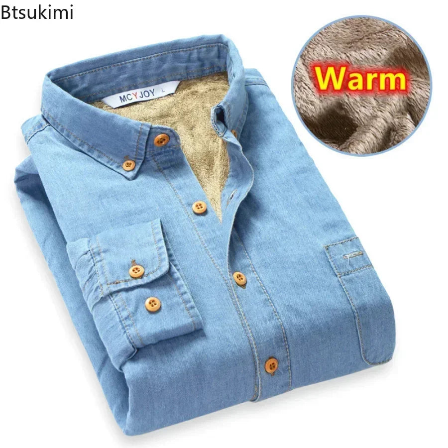 Winter Warm Denim Jeans Shirt for Men. Fleece Lined Velvet Shirts with Button Down