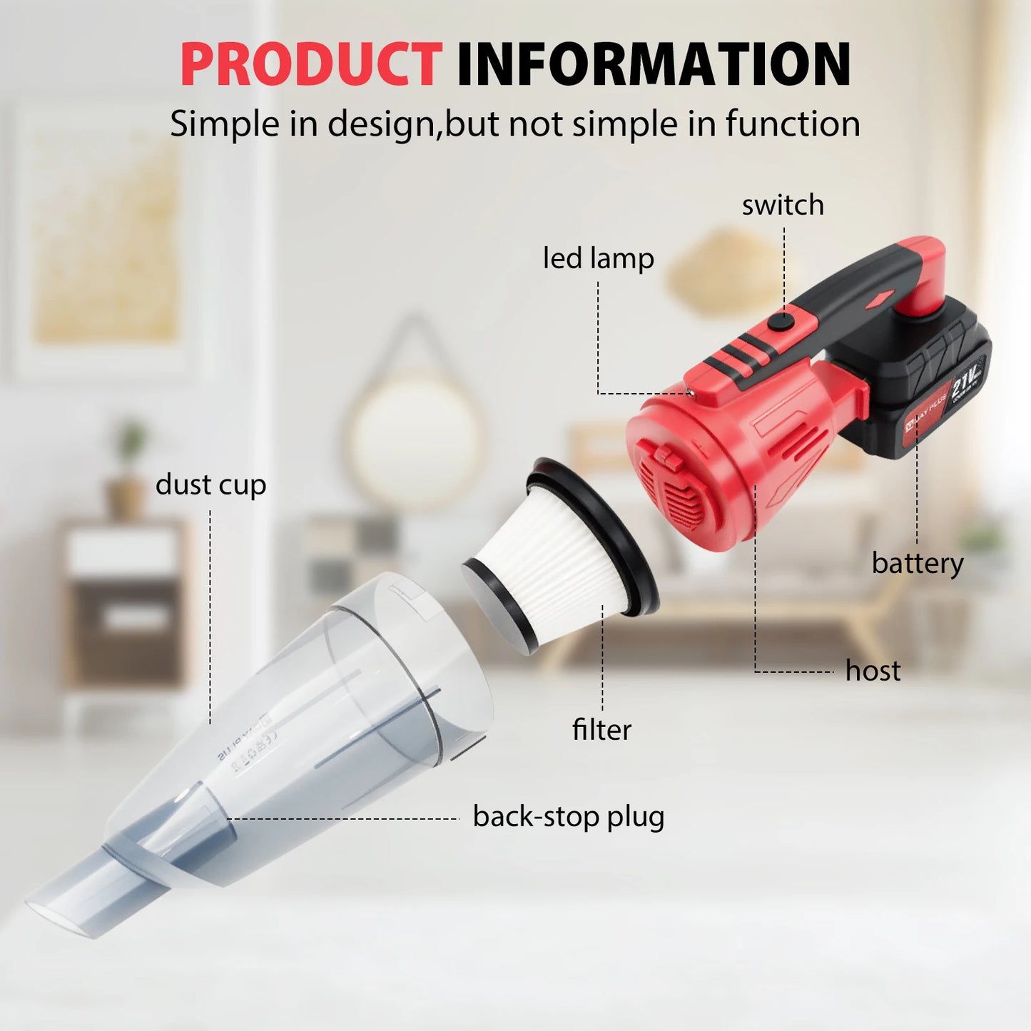 Cordless Vacuum Cleaner, 55KPA Lightweight Vacuum Cleaners for Home with Rechargeable 2200 mAh Battery, Handheld Vacuum for Home