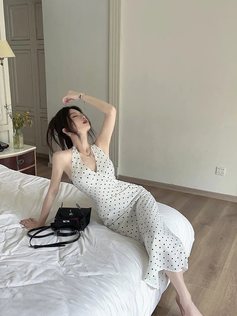 Korean Style Open-back Halter Neck Dress Women. Elegant Long Dress.