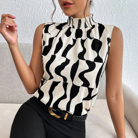 Mia Muse Blouses Spring Summer Casual Hotsweet Irregular Grain Contrast Color Sleeveless High Neck Daily Blouses for Women