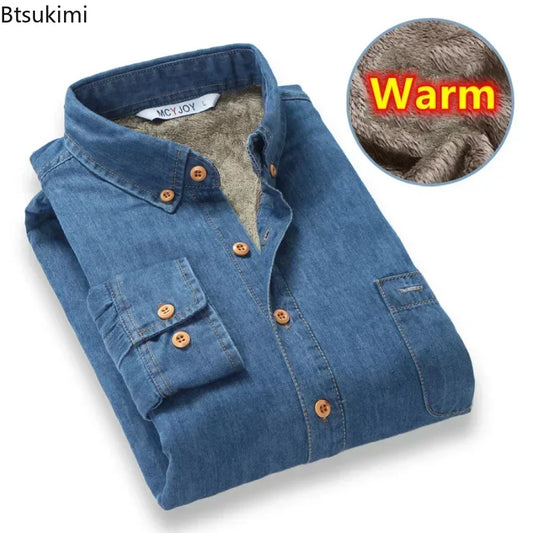 Winter Warm Denim Jeans Shirt for Men. Fleece Lined Velvet Shirts with Button Down