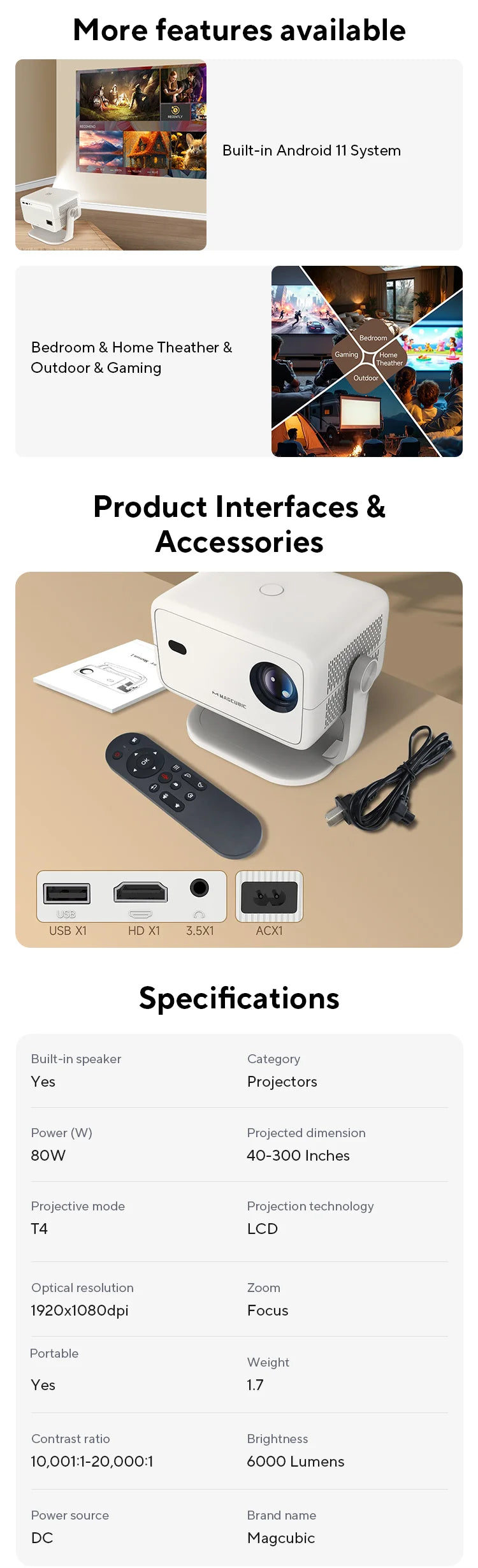 Magcubic Native 1080P 650ANSI 4K Android 11 L018 360° Projector With Auto Keystone Focus Air Mouse Wifi6 BT5.2 Portable Outdoor