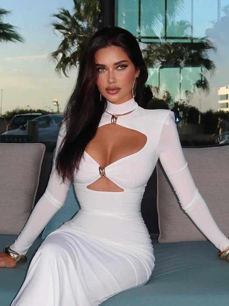 Ladies classic Dresses. Hollow Out Turtleneck Regular Long Sleeve Sheath Bodycon.