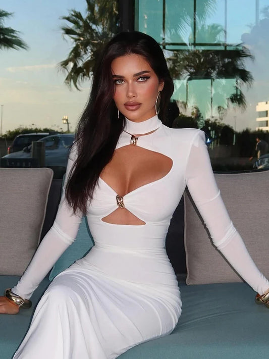Ladies classic Dresses. Hollow Out Turtleneck Regular Long Sleeve Sheath Bodycon.