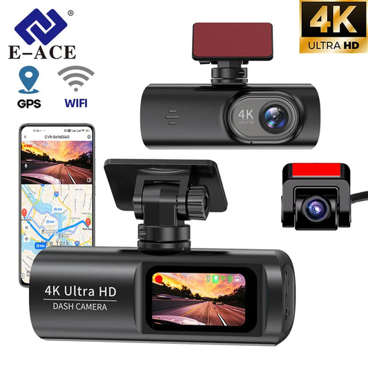 E-ACE UHD 4K Dashcam With GPS WiFi Night Vision 24h Parking Loop Dual Channel Recording 4K Front and 1080P Rear Dual Lens