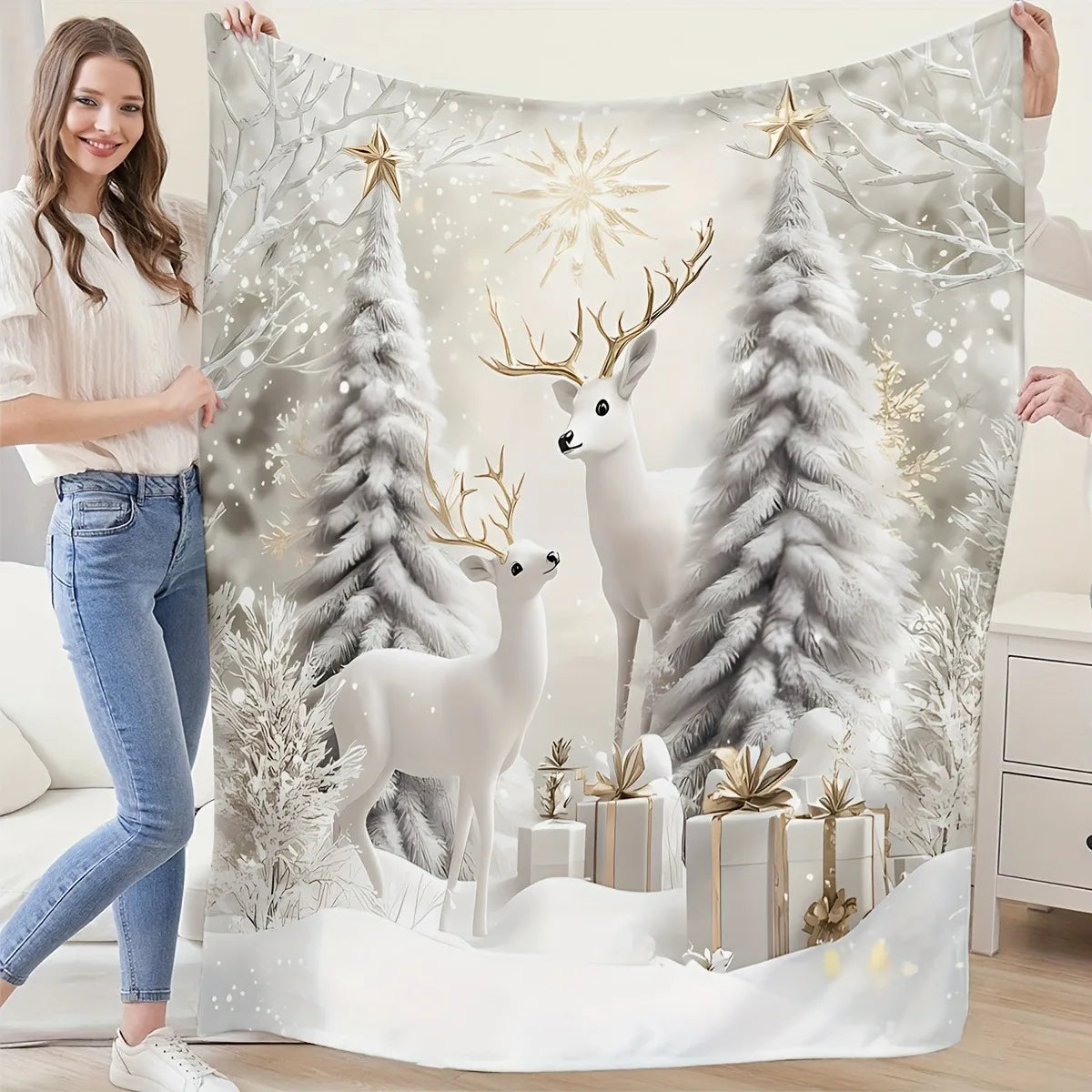 Christmas Blanket - Reindeer Snowman Lights Pattern Festive Warm Throw