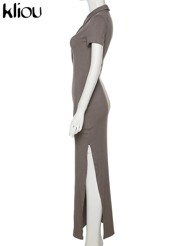 Classy Kliou Lady Dress.  Button Side Slit Body, with Turn-down Collar Short Sleeve-Shaping