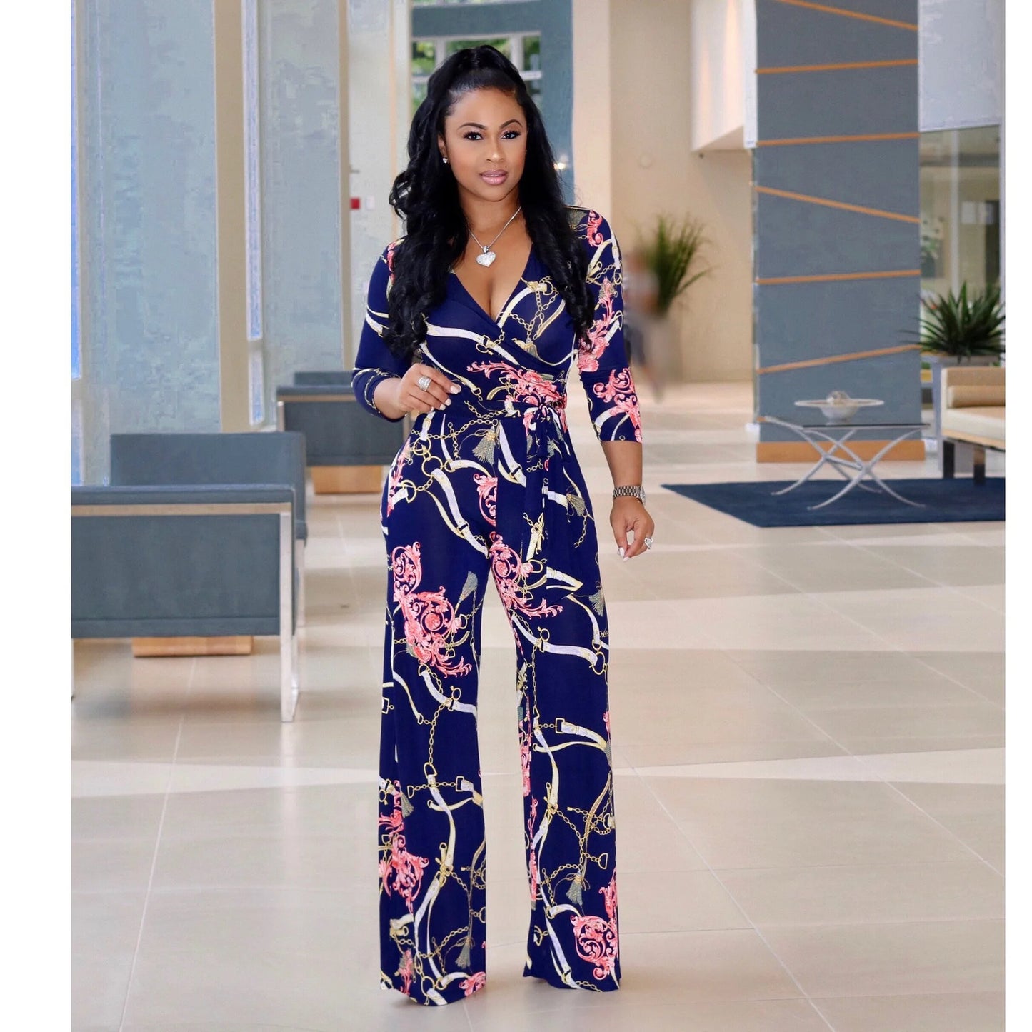 Sexy women jumpsuit V-neck long sleeved printed jumpsuit For Women