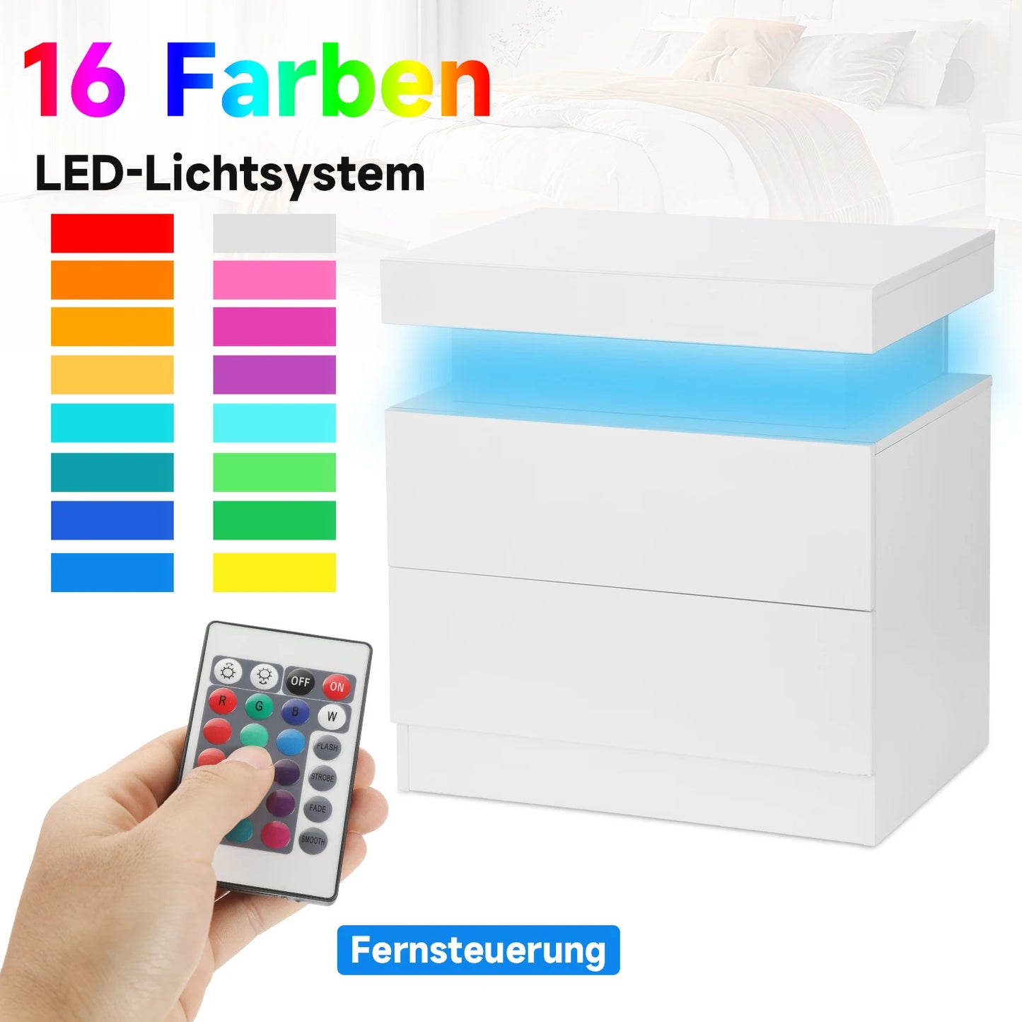 LED Bedside Table with 2 Drawers and 1 Top Drawer, Bedside Cabinet with 4-side High Gloss, 16 RGB LED Colours, Side Table Nights