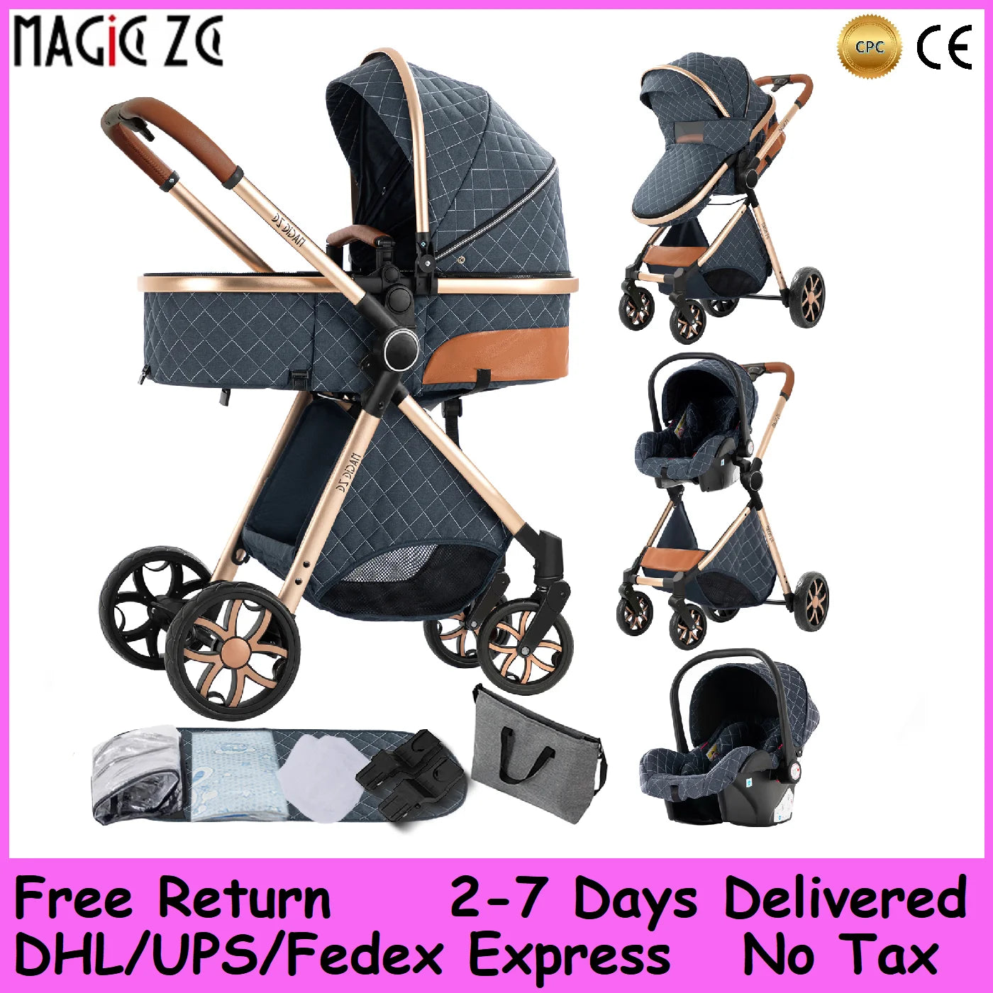 Baby Stroller 3-in-1 Lightweight stroller Travel System Multifunctional Pram with Aluminum Frame Compact Stroller for Newborn