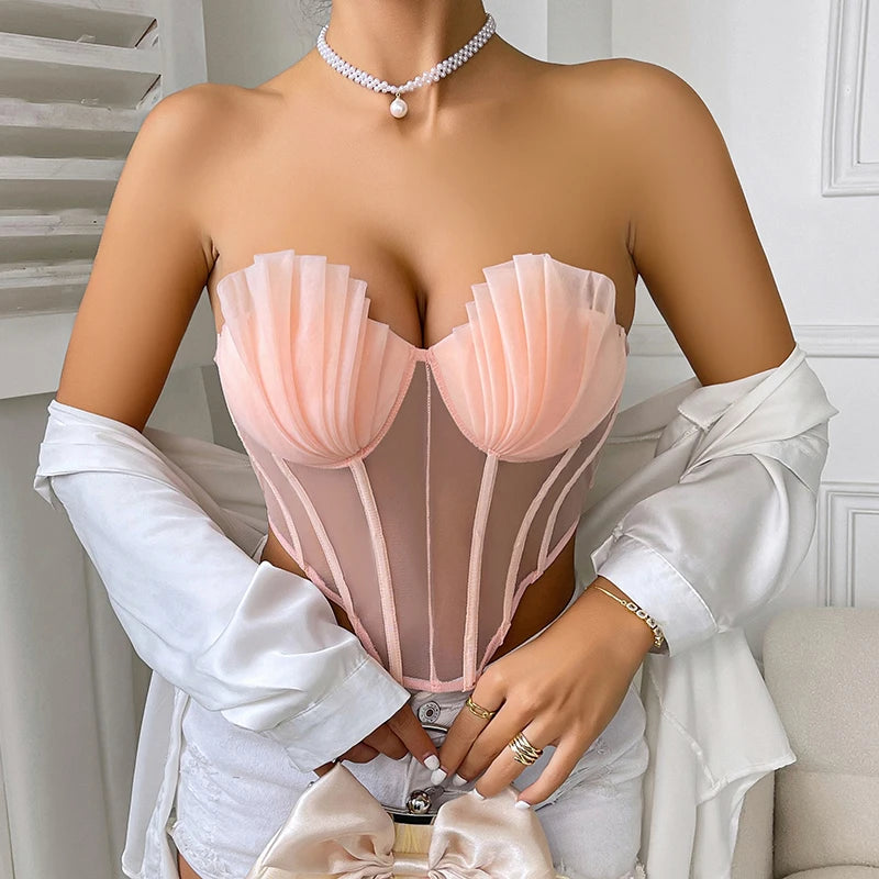 New Creative Fashion Cropped Sexy Pleated Mesh See Through Tight Pink Corset with Bra Youth Women's Strapless Top 2000s Clothes