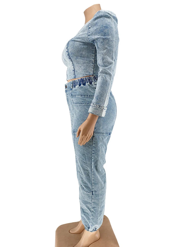 Two Piece Set Women Top and Pants Fashion Sexy One Shoulder Top Elastic Jeans Plus Size Matching Sets Wholesale Dropshipping