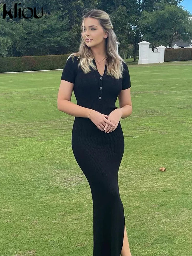 Classy Kliou Lady Dress.  Button Side Slit Body, with Turn-down Collar Short Sleeve-Shaping