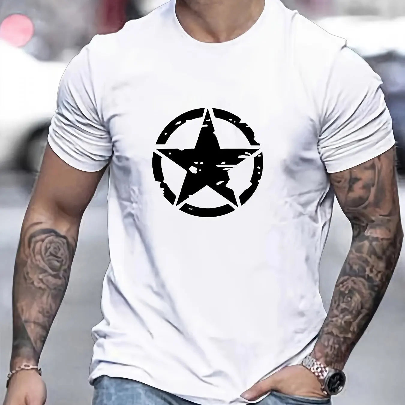 Summer men's 100% cotton comfortable casual loose oversized star logo graphic printed sports round neck short sleeved T-shirt