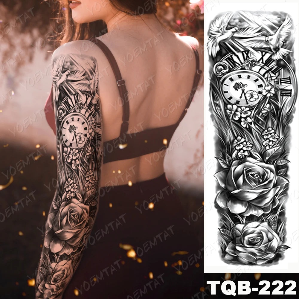 Dark Style Thorns Large Full Arm Sleeve Waterproof Temporary Tattoo Sticker Lion Rose Flower Hand Fake Tatoo Body Art Men Women
