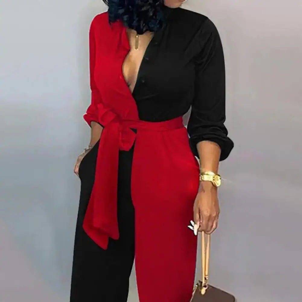 Women Jumpsuit V-Neck Long Sleeve High Waist Buttons Half Placket Pockets Autumn Abstract Print Front Belted Jumpsuit
