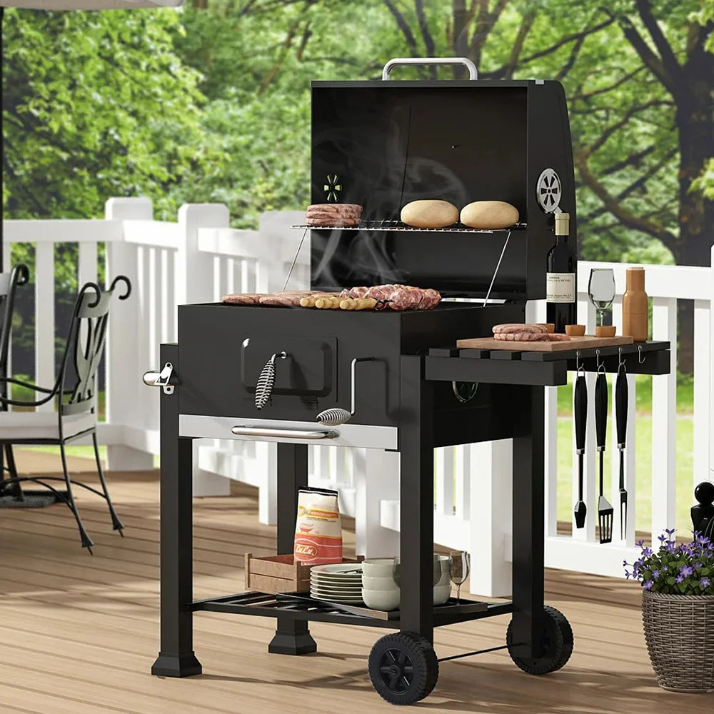 【Breeins】Charcoal Grill, Adjustable Charcoal Tray, Pull-out Ash Tray, Heavy Duty Barbecue Grill with Wheels