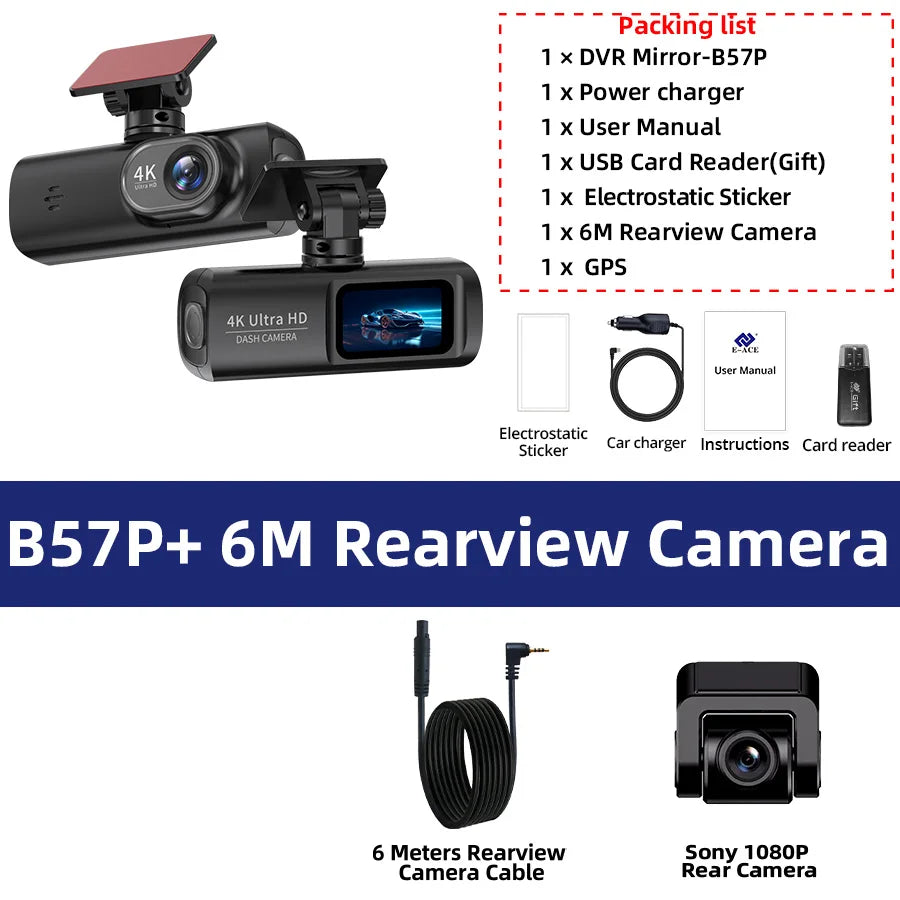 E-ACE UHD 4K Dashcam With GPS WiFi Night Vision 24h Parking Loop Dual Channel Recording 4K Front and 1080P Rear Dual Lens