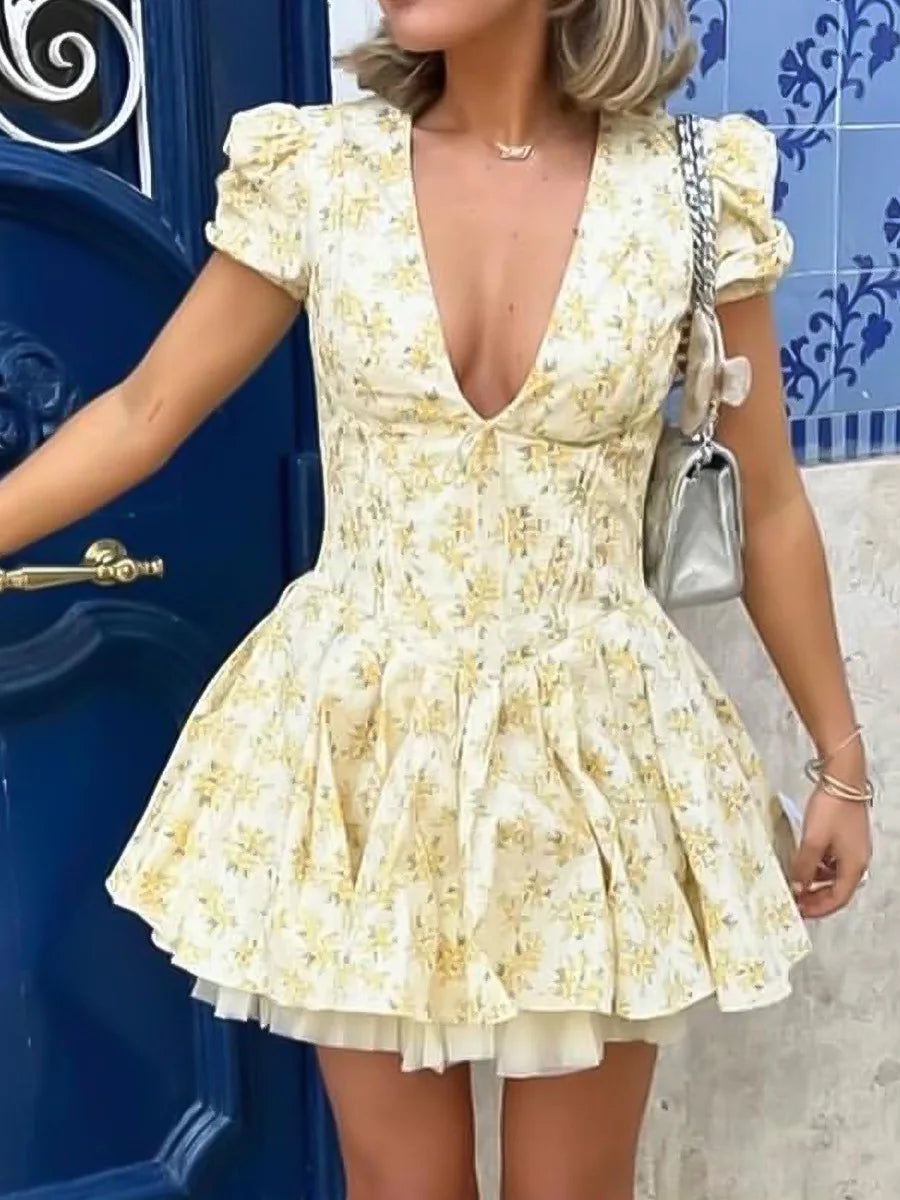Talenza Printed V-Neck Short Sleeve Mini Dress Women's Summer Sexy Floral Pleated Party A-Line Dress High Waist Slim Mini Dress