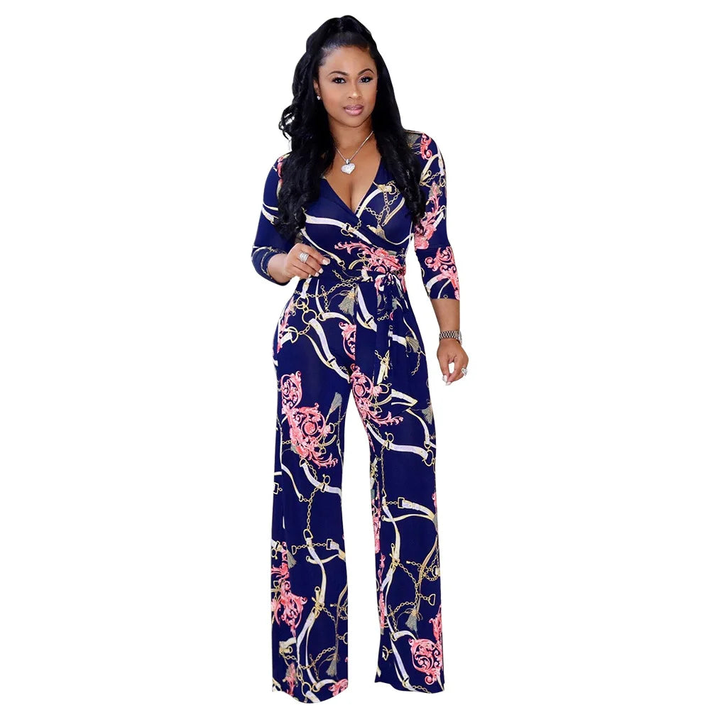 Sexy women jumpsuit V-neck long sleeved printed jumpsuit For Women