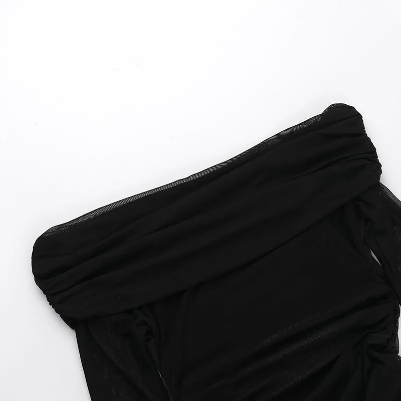 New Solid Color Long Sleeve, Off Shoulder, Dresses. See Through Ruched Patchwork Long Dresses