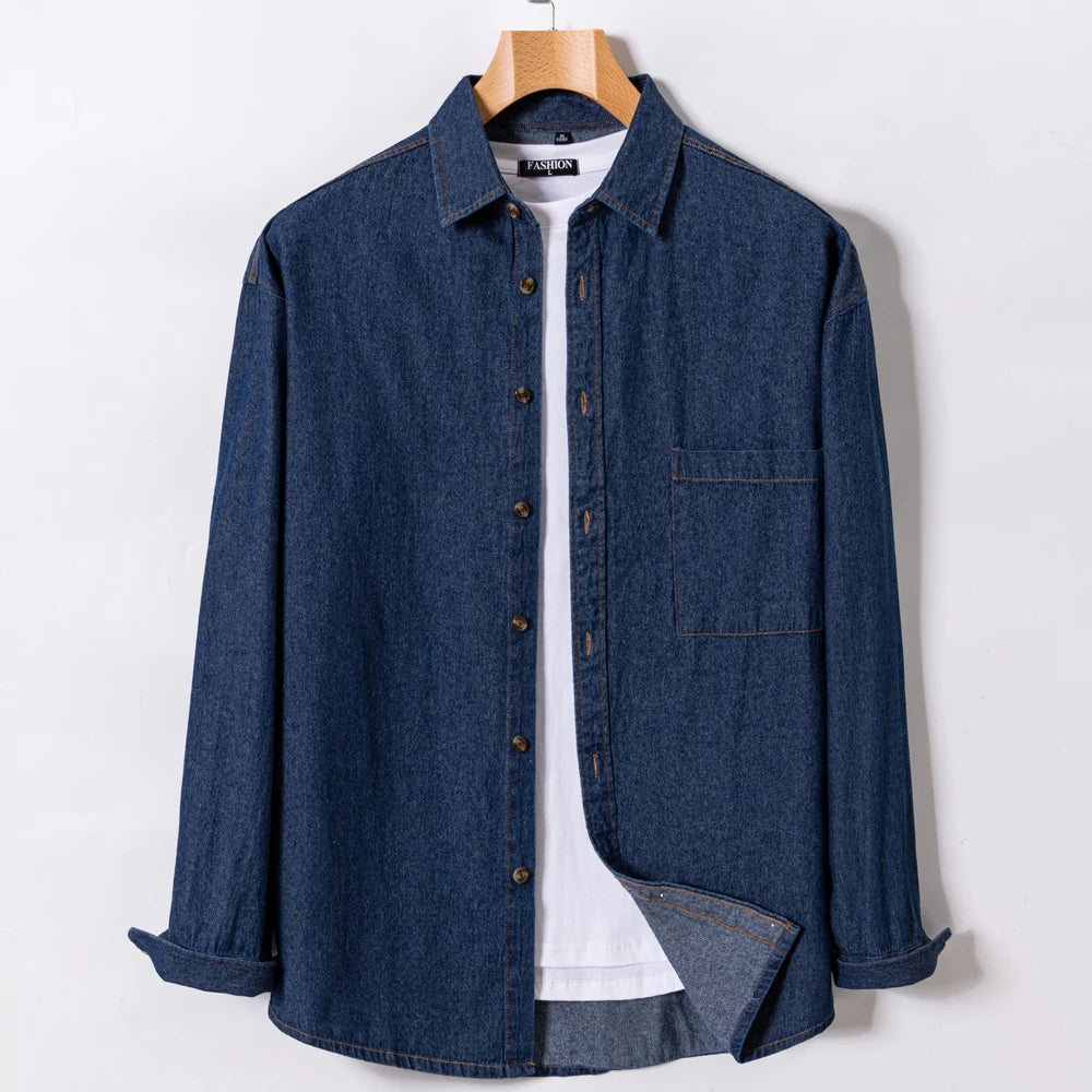 Men's Denim Casual Long Sleeve Pocket Shirt. Regular-Fit Comfortable Soft. 100% Cotton Washed Durability