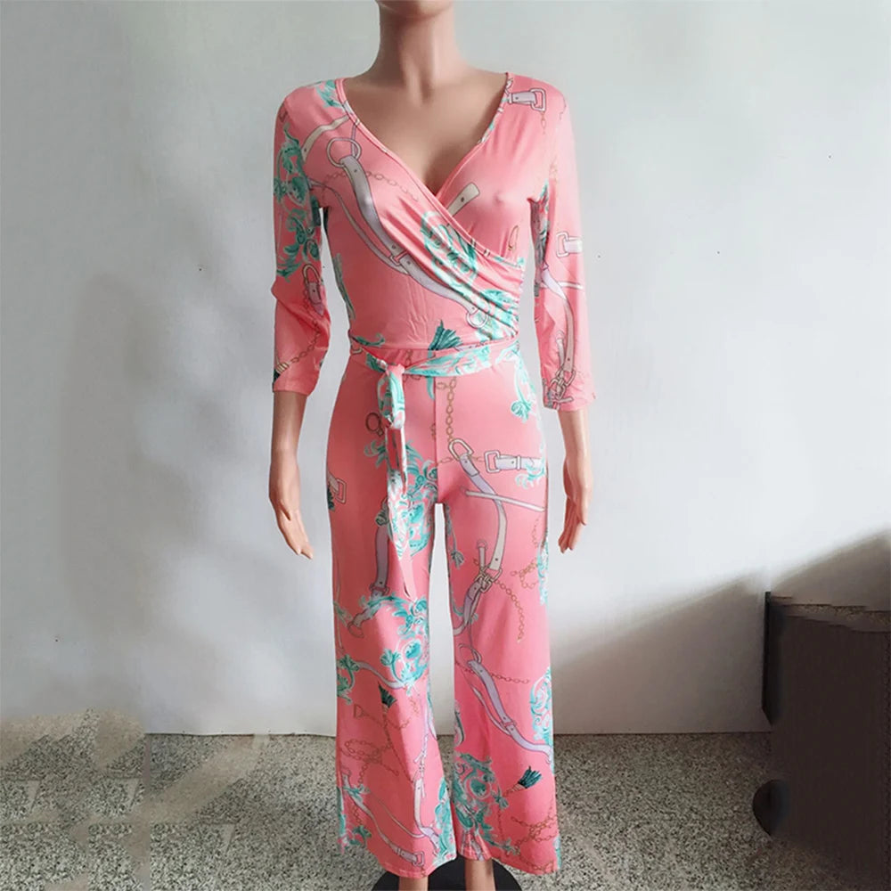 Sexy women jumpsuit V-neck long sleeved printed jumpsuit For Women