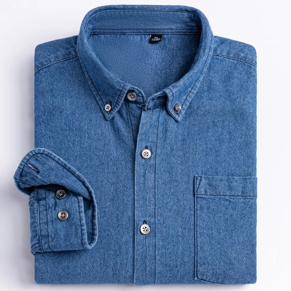 Men's Denim Casual Long Sleeve Pocket Shirt. Regular-Fit Comfortable Soft. 100% Cotton Washed Durability