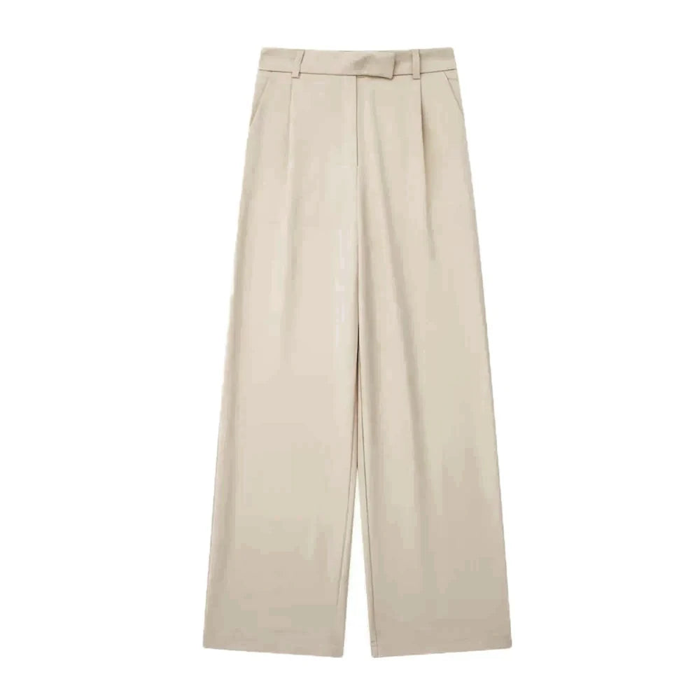 TRZA Women Fashion With Darts Front Pockets Wide Leg Pants Vintage High Waist Zipper Fly Female Trousers Mujer