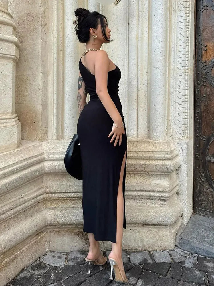 Black elegant Dress, Sexy Split Sleeveless, Backless Dress Off Shoulder, for casual, Dinner, Club Slim wear Dress