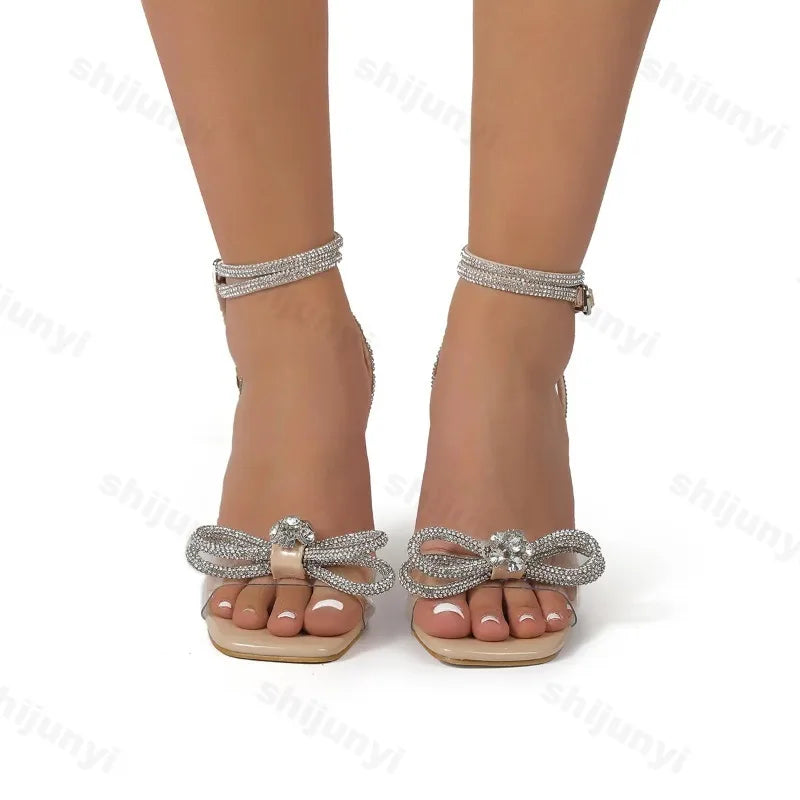 Comfortable Versatile Sandals. Casual Back Strap Bow. Rhinestone Stiletto Women's Shoes.