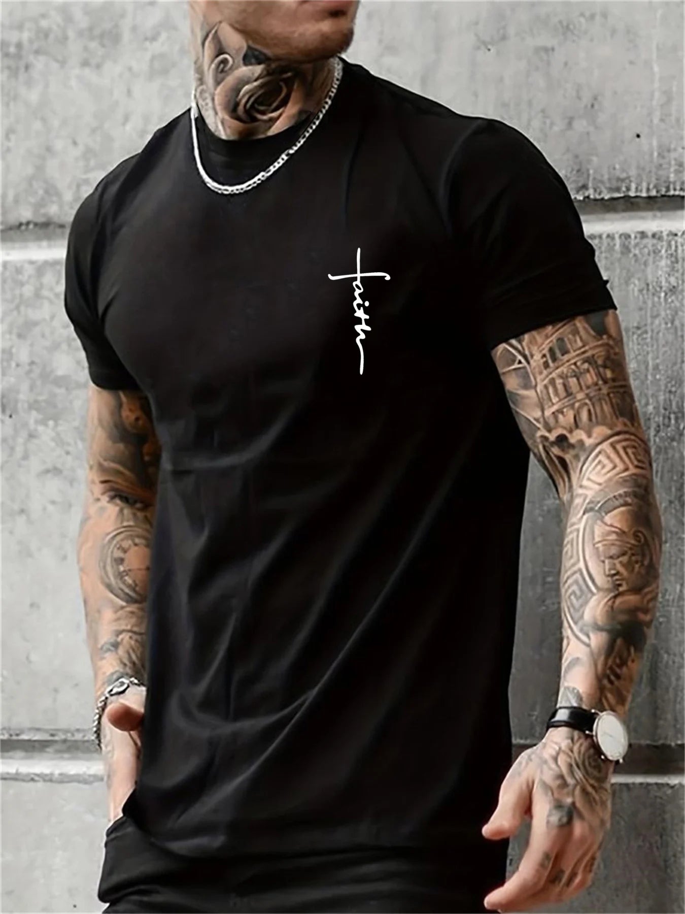 Men's Summer 100% Cotton Fashionable Casual Loose Large Size Faith Cross Printed Sports Round Neck Short Sleeve T-shirt Top