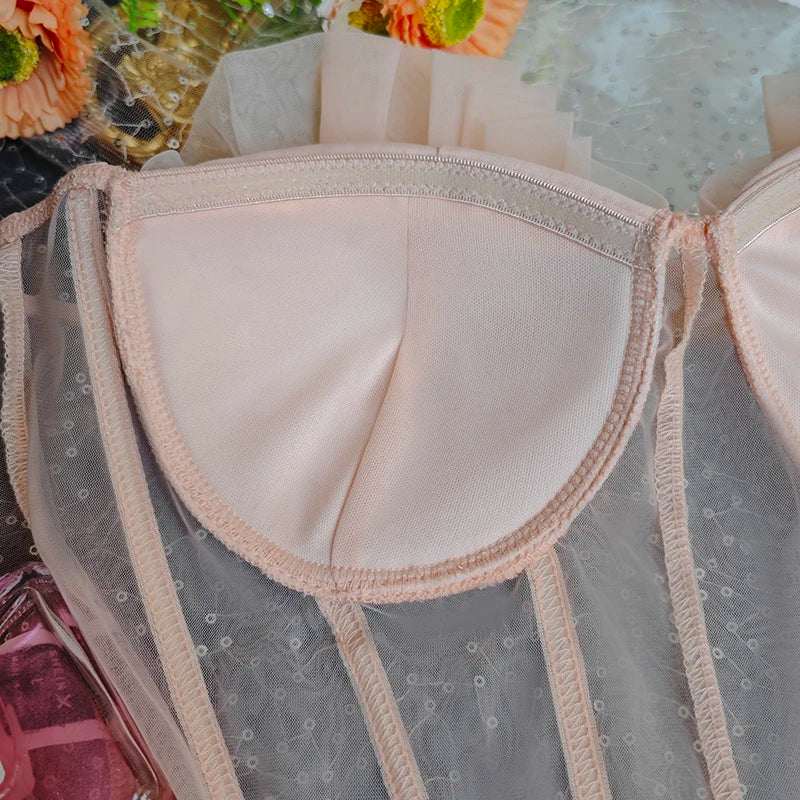 New Creative Fashion Cropped Sexy Pleated Mesh See Through Tight Pink Corset with Bra Youth Women's Strapless Top 2000s Clothes
