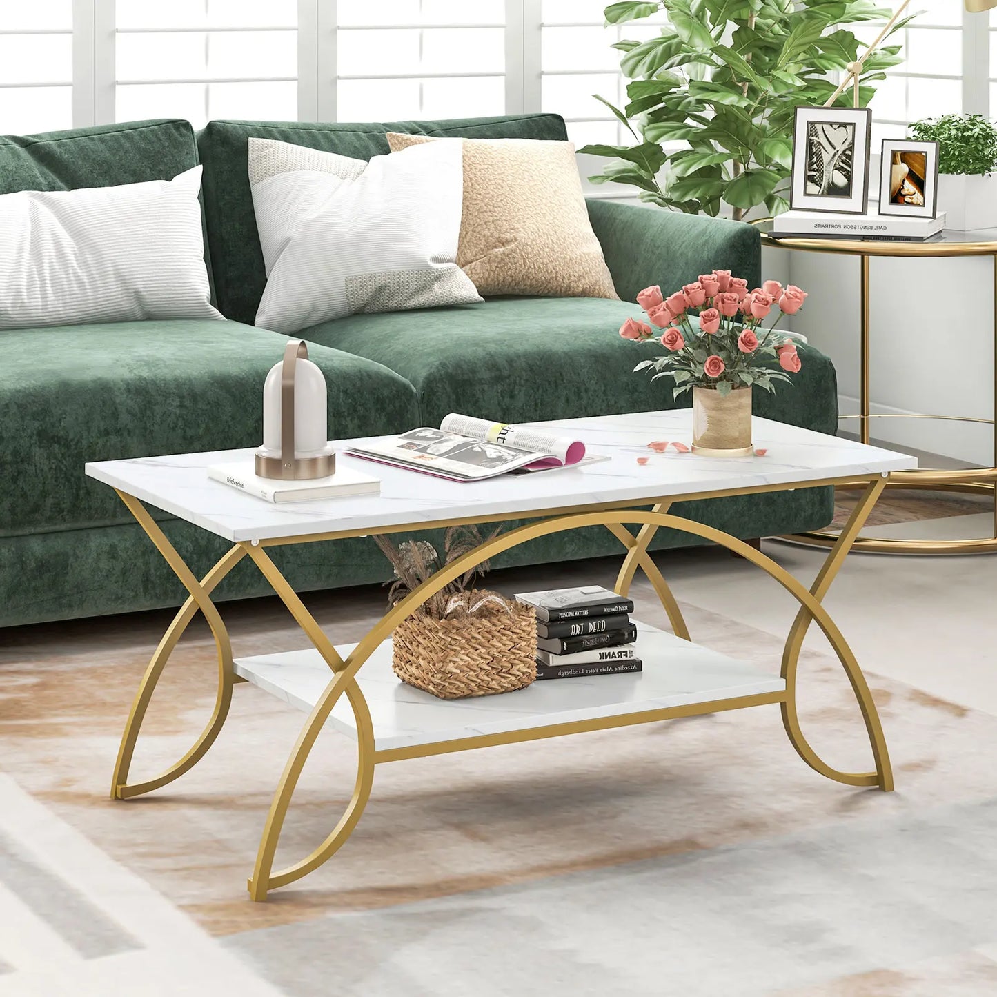 GOFLAME 2-Tier Modern Coffee Table with Arched Metal Frame & Adjustable Foot Pads