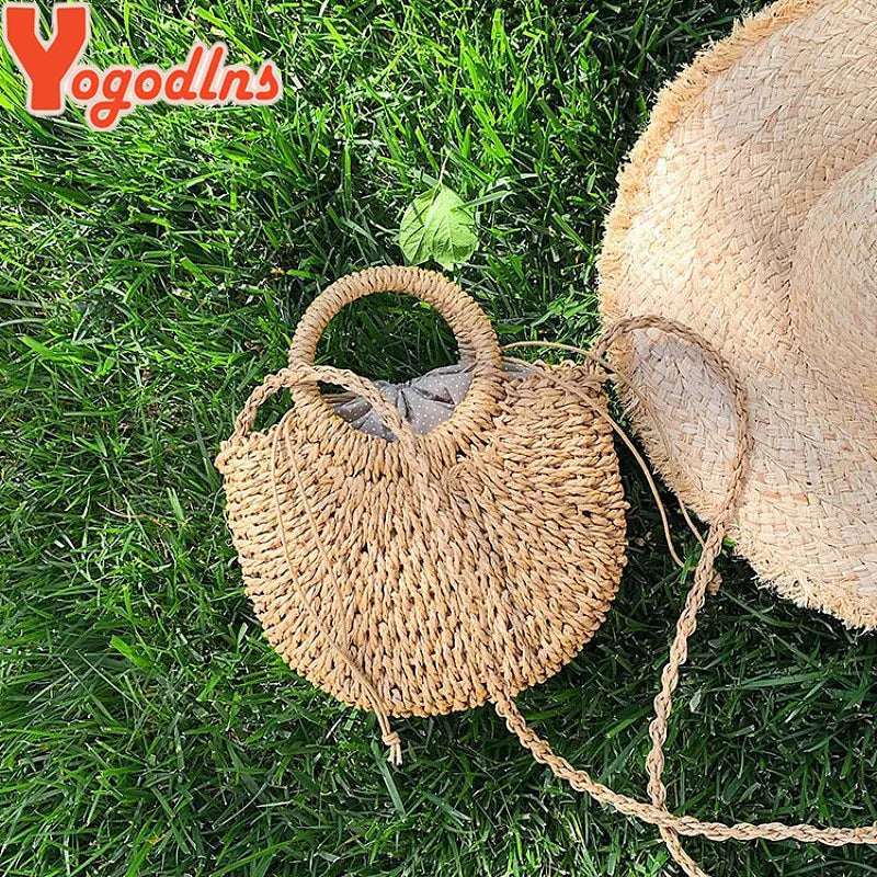 Fashion Handmade Yogodlns Half-Round Rattan Woven Straw Bag. Women Crossbody Bags, Ladies Small Beach Handbag