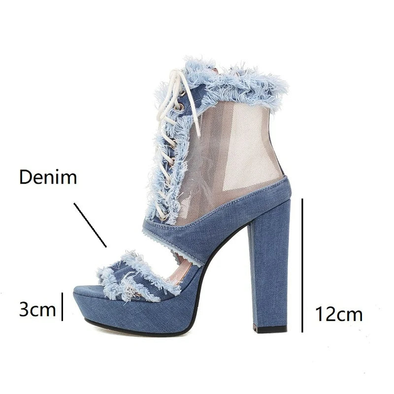 LeShion Of Chanmeb Women Denim Sandals High Heels Platform Tassel Fringe Jean Gladiator Sandals Ladies Mesh Net Summer Boots New