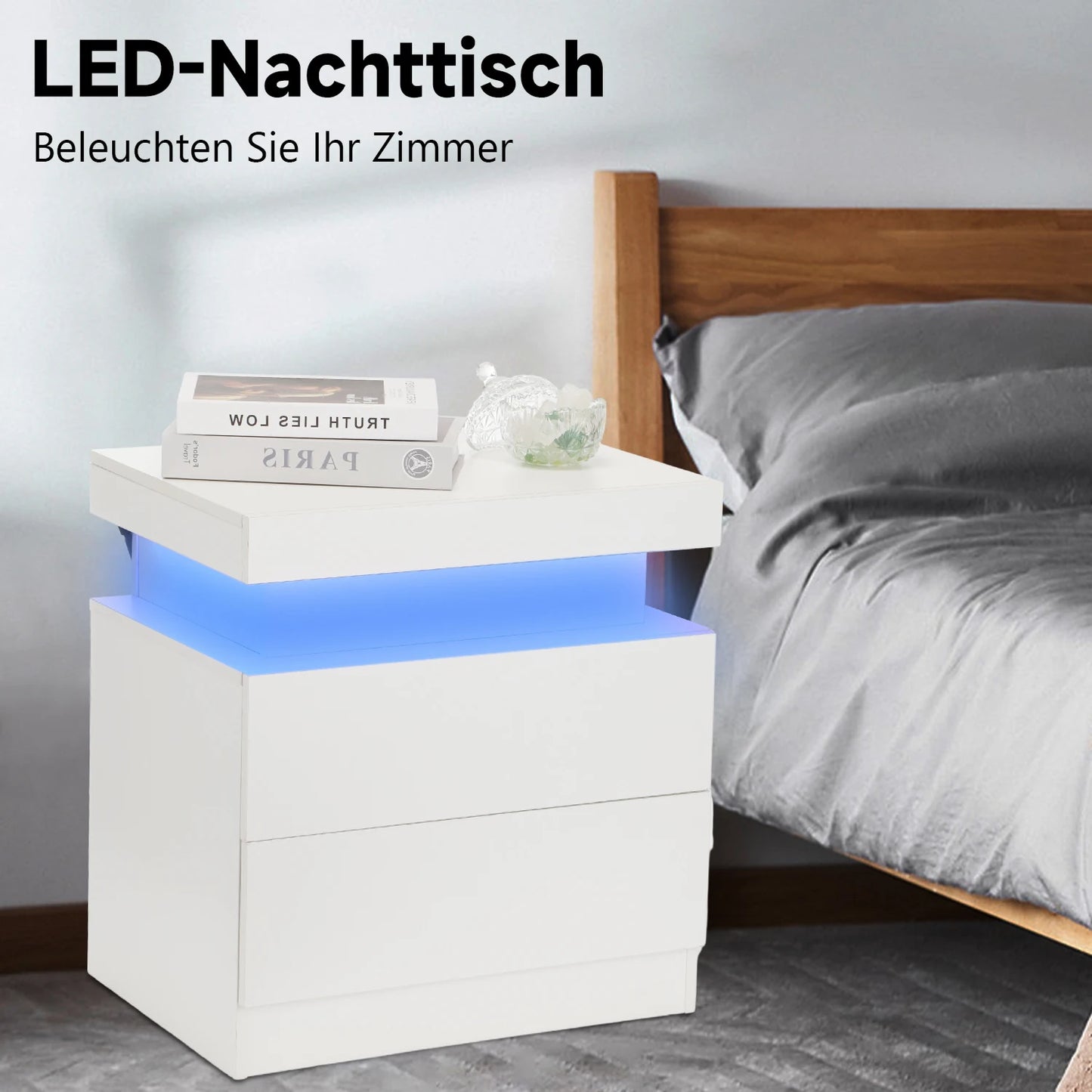 LED Bedside Table with 2 Drawers and 1 Top Drawer, Bedside Cabinet with 4-side High Gloss, 16 RGB LED Colours, Side Table Nights