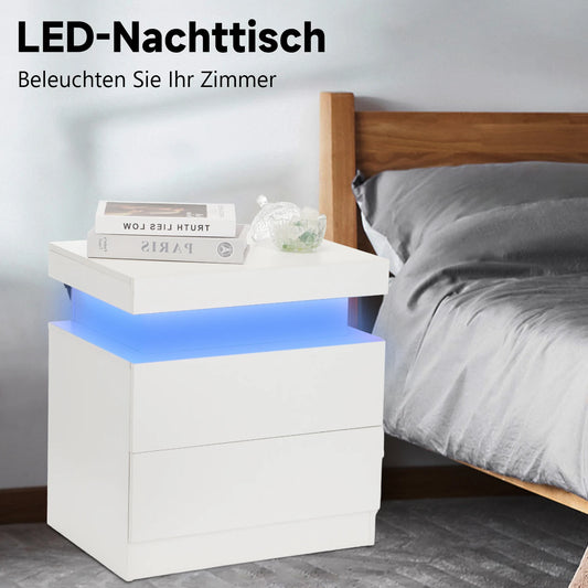 LED Bedside Table with 2 Drawers and 1 Top Drawer, Bedside Cabinet with 4-side High Gloss, 16 RGB LED Colours, Side Table Nights