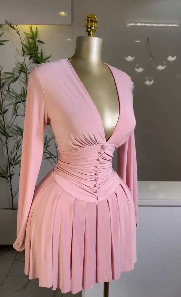 Women Elegant V-Neck Long Sleeve Pleated Dress 2025 Buttons Tunic Waist Sexy Evening Party Luxury Casual Short A Line Dresses