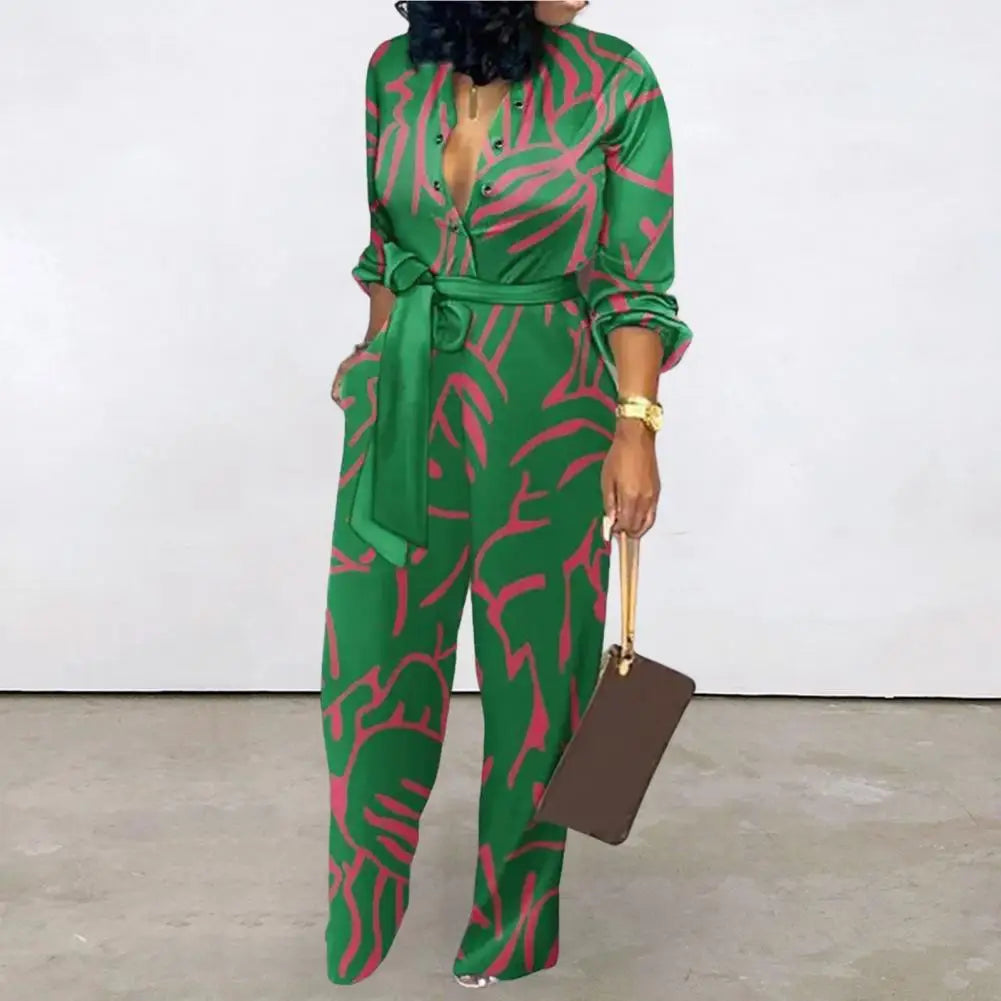 Women Jumpsuit V-Neck Long Sleeve High Waist Buttons Half Placket Pockets Autumn Abstract Print Front Belted Jumpsuit