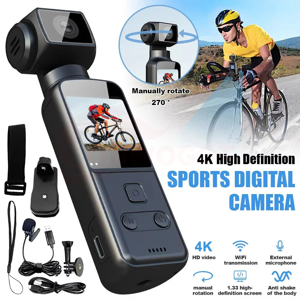 Portable Mini 4K HD Pocket WiFi Camera. 270° Rotatable, Anti Shake, Outdoor Sports, DV DVR Video Recorder, Riding Bicycle Camcorders