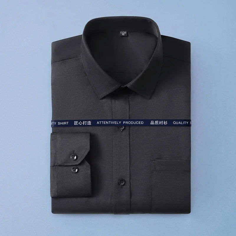 New Men Formal Shirt Long Sleeve Office Solid Color Anti-Wrinkle Fashion Business Pocket White Social Pocket Shirts 5XL 6XL 7XL