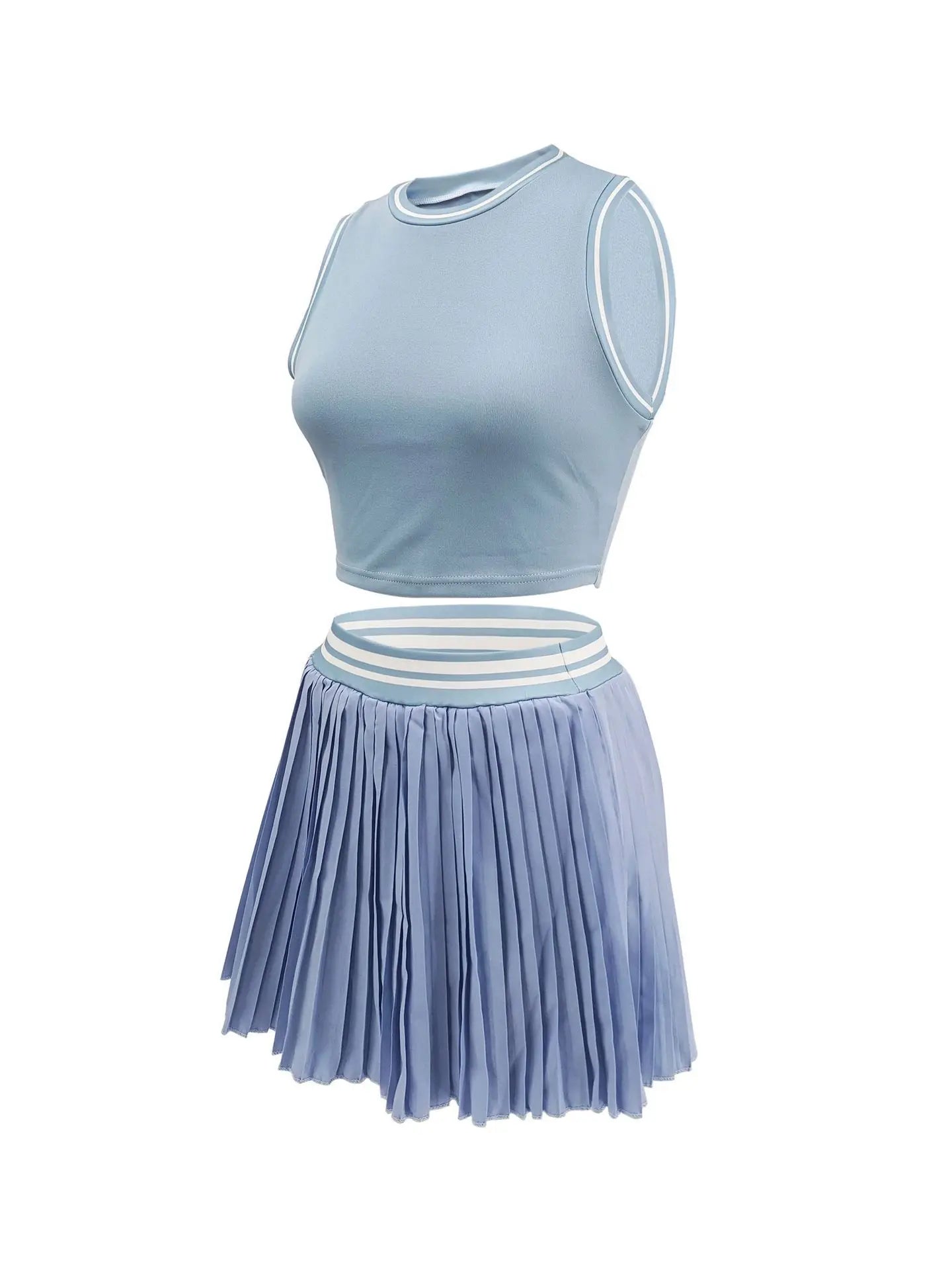 Women O-neck Mini Tank Top and Pleated Mini Skirt Suit. Fitness 2Piece Set Outfit.