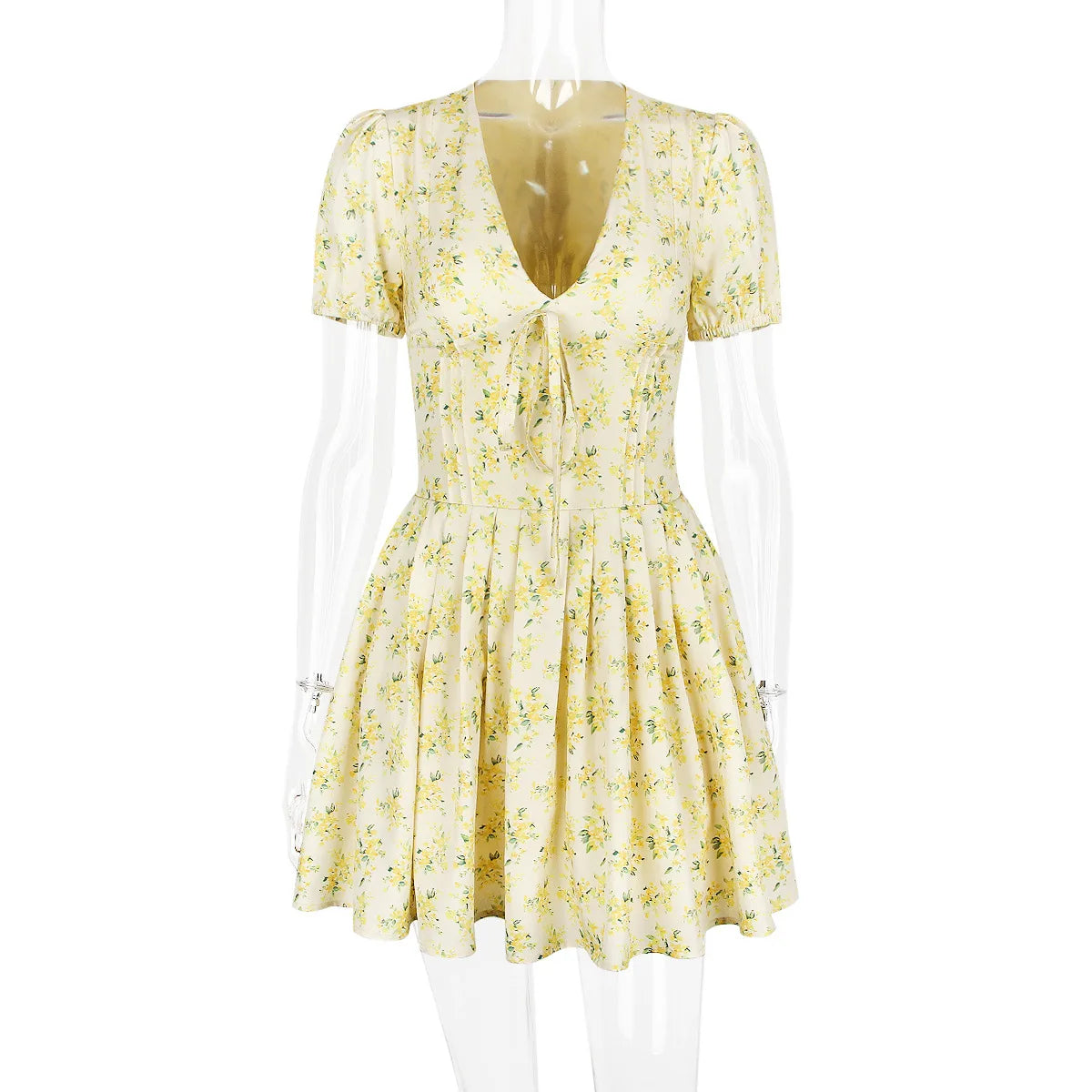 Talenza Printed V-Neck Short Sleeve Mini Dress Women's Summer Sexy Floral Pleated Party A-Line Dress High Waist Slim Mini Dress