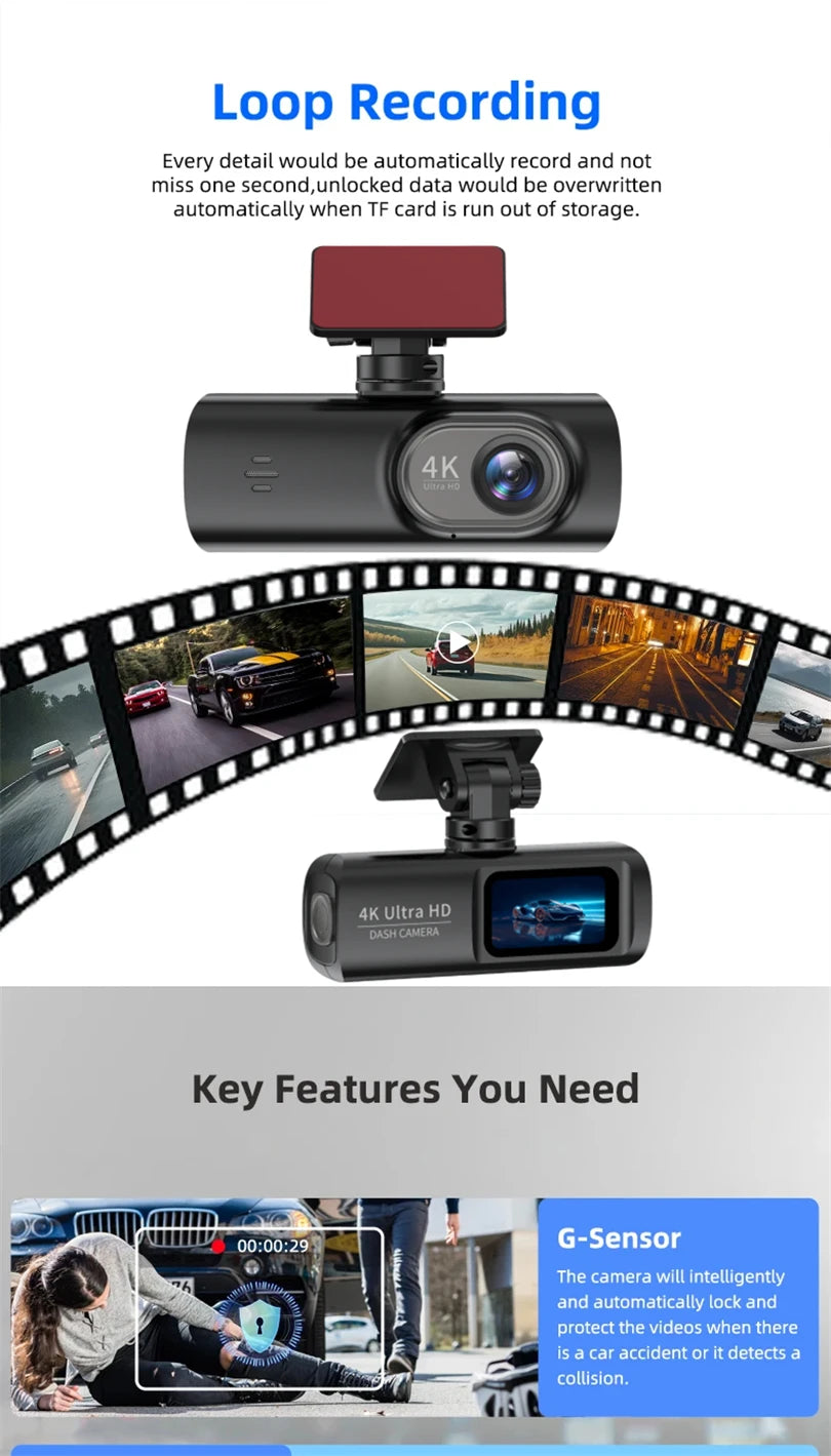 E-ACE UHD 4K Dashcam With GPS WiFi Night Vision 24h Parking Loop Dual Channel Recording 4K Front and 1080P Rear Dual Lens