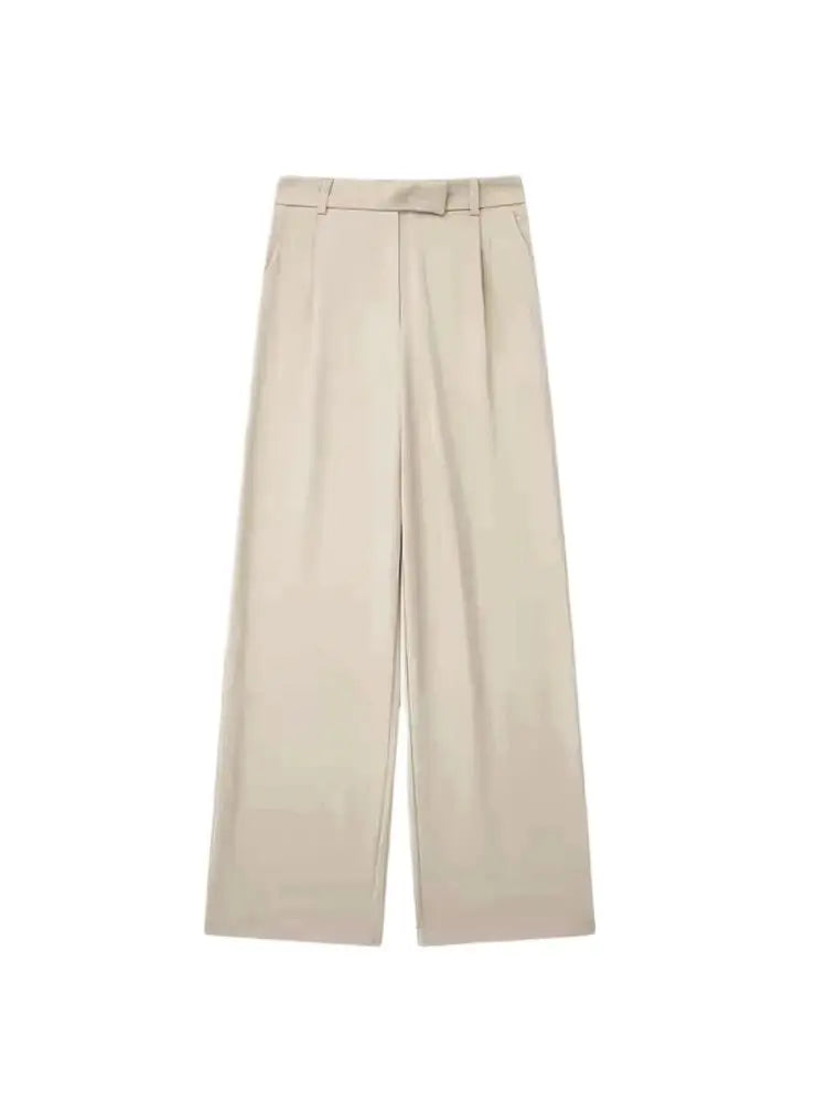 TRZA Women Fashion With Darts Front Pockets Wide Leg Pants Vintage High Waist Zipper Fly Female Trousers Mujer